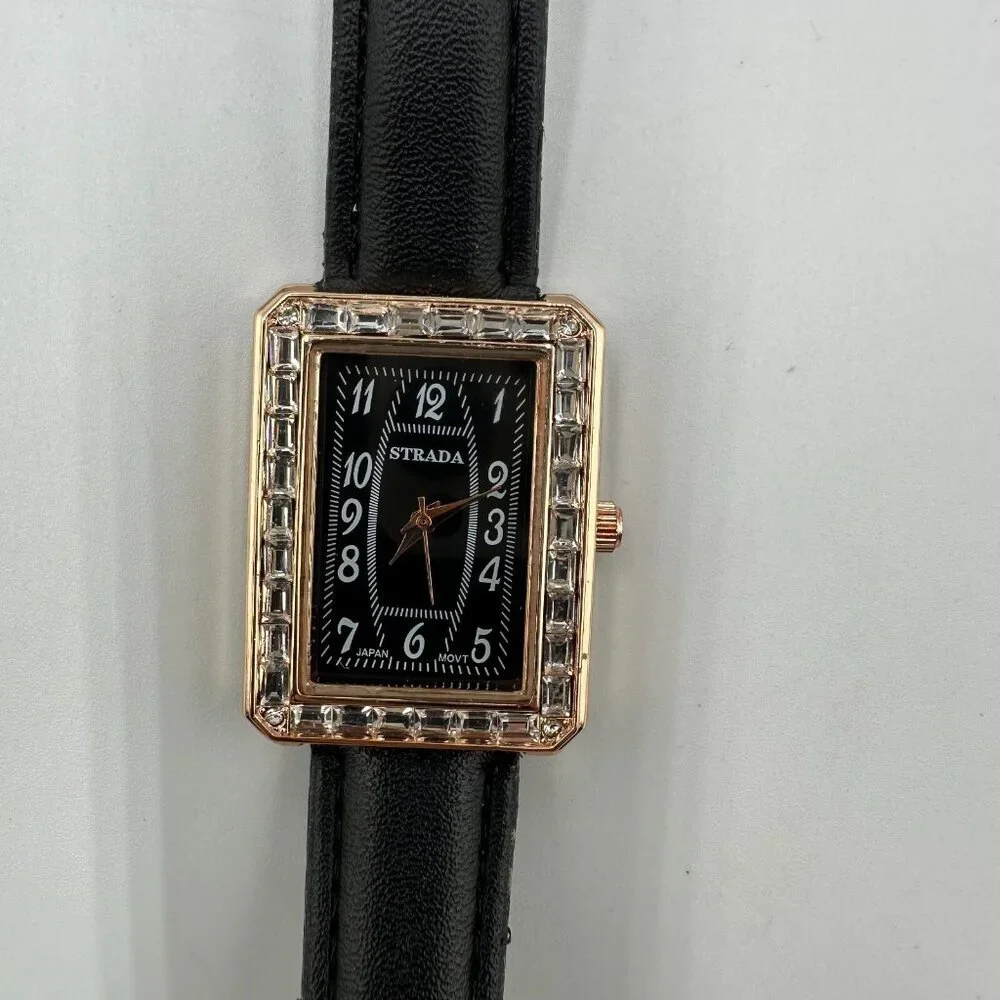 Strada Watch Women Rose Gold Tone Black Dial Crystal Bezel New Battery 9